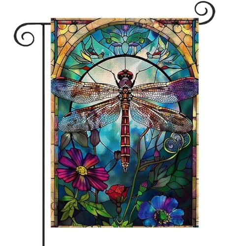 Stained Glass Dragonfly Garden Flag 12x18 Inch Double Sided, Spring Summer Flower Floral Welcome Small Yard Flag for Outdoor Outside Decoration