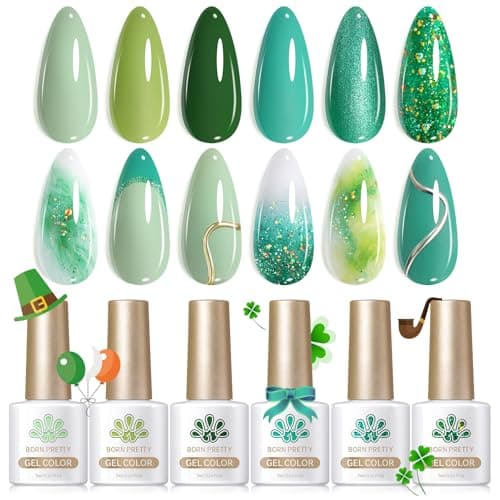 Born Pretty Green Gel Nail Polish, Spring Summer Carnival Evergreen Gel Nail Polish Set, Glitter Green Sparkle Gel Polish Nail Art Varnish Manicure Collection St. Patrick's Day 6PCS