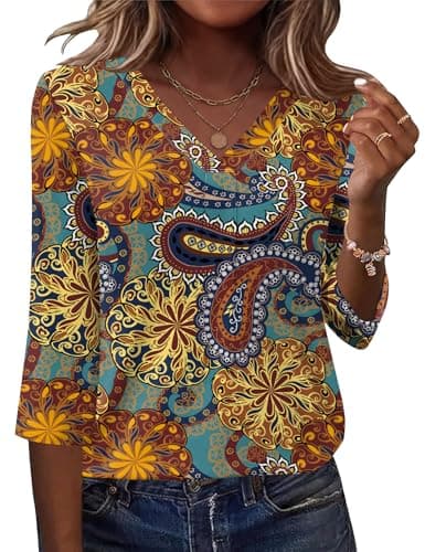 AKEWEI Tops for Women Trendy 3/4 Length Sleeve Womens Tunic Tops Dressy Casual V Neck Blouses Regular Fit Office Clothes