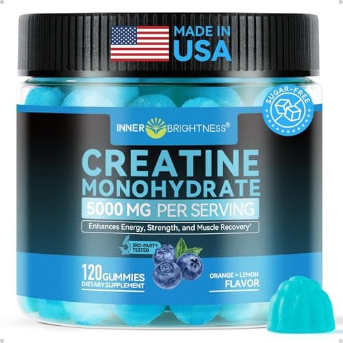 Inner Brightness Creatine Monohydrate Gummies for Men & Women 5000 mg, 3rd Party Tested, Creatine Chews for Muscle Growth, Strength & Energy Support, Sugar Free, Vegan, 120 Count