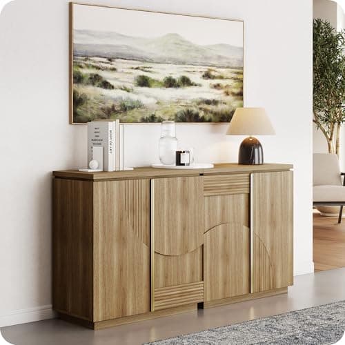 BELLEZE 62 Inch Mid Century Modern Sideboard Cabinet, Wood Arched Accent Buffet Cabinet with Storage, Credenza Console Table for Dining Room, Kitchen, and Living Room Hallway (Camel)