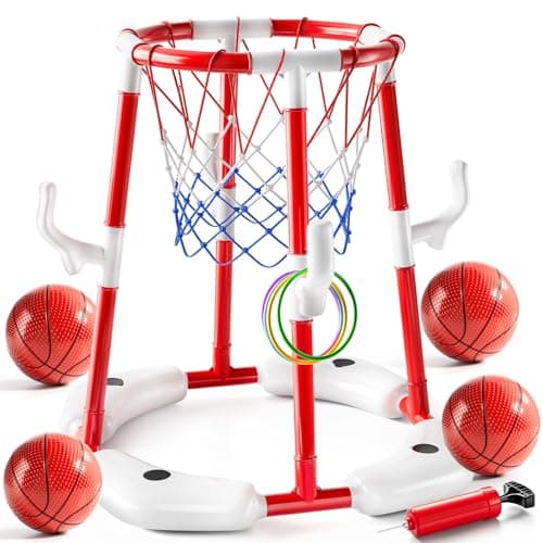 JUKUDAHU Swimming Pool Basketball Hoop Toy for Kids 2 3 4 5 6 Years Old - Floating Pool Basketball Game Toys with 4 Balls Air-Pump, Outdoor Play, Poolside Summer Water for Boys Girls Age 4-8-12 (Red)