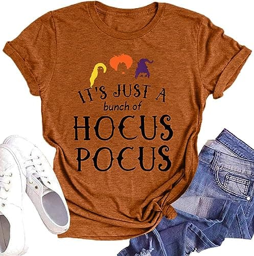 DESFSE It's Just A Bunch of Hocus Pocus T-Shirts for Women Sanderson Sisters Shirt Halloween Movie Graphic Fall Tee Tops