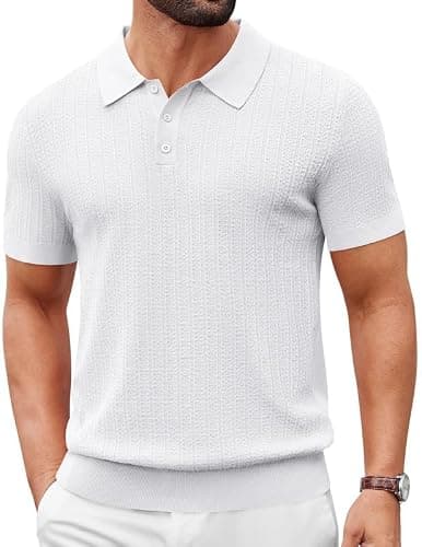 COOFANDY Mens Golf Polo Shirts Short Sleeve Textured Polo Shirts Slim Fit Button Polo T-Shirt Classic Summer Collared Golf Shirt White