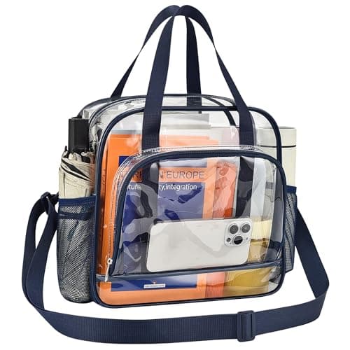 Clear Bag for Stadium Events 12x6x12, Clear Tote Bag with Front Pocket and Detachable Strap for Sports Concert Work, Large Front Pocket-Navy