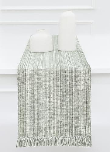 PurpleEssences Chambray Table Runner with Fringes - 100% Cotton, 13x72 Inch - Rustic Farmhouse Table Décor, Reusable, Machine Washable for Dining Tables - Spring Easter Summer - Olive Green & H.White