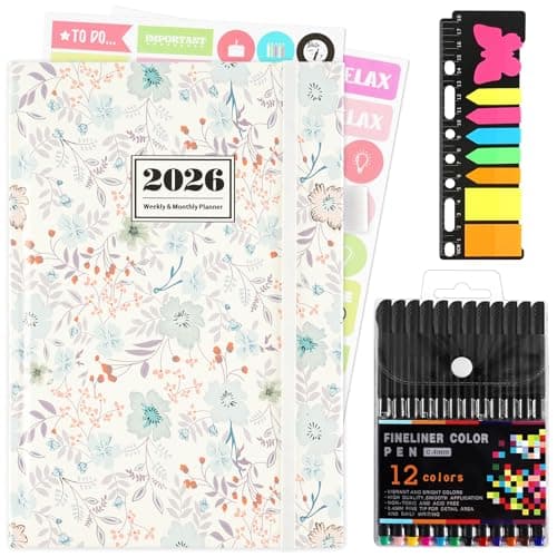 2026 Planner, 2026 Planner Weekly and Monthly with Tabs, 2026 monthly planner with Color Pen, Sticky Notes and Stickers, 6.2" x 8.5", Durable Twin Wire Binding, Storage Pocket - Flower