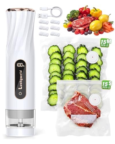 LUCKYWELD Compact Vacuum Sealer for Food: Powerful Handheld Vacuum Sealer Machine & 30 Reusable Vacuum Bags, With LED Display & Detachable Water Tank, Portable Food Sealer, Seal Meal Saver