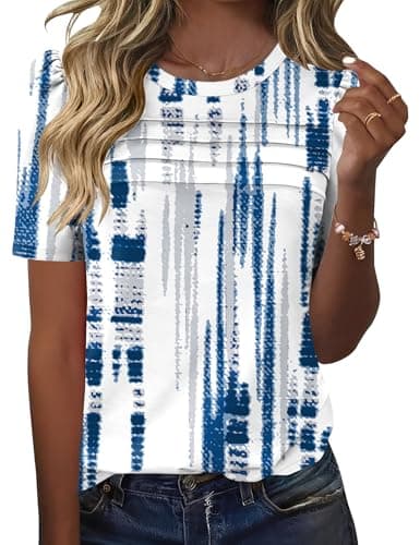 Ivicoer Womens Tops Dressy Casual Pleated Front Crewneck Shirts Short Sleeve Printed Loose Fit Blouses (Blue Striped, M)
