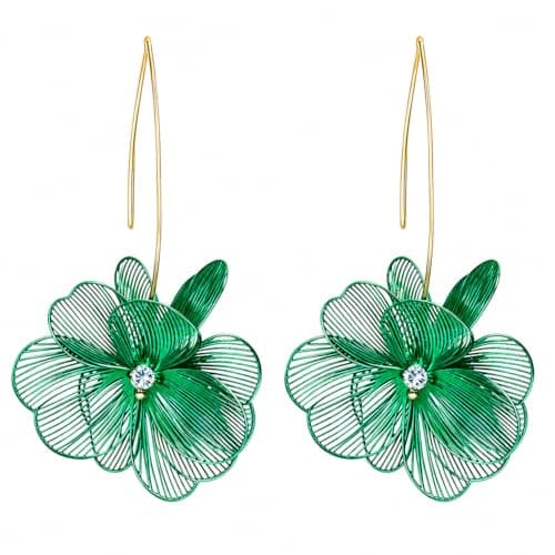 Gold Flower Earrings for Women, Floral Dangle & Hoop Earrings, Lightweight Statement Jewelry Gift (Green)
