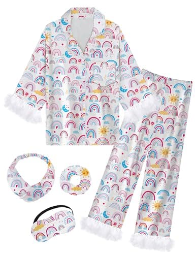 EPLAZA Kids Satin Pajamas for Girls Silk Pajamas Set 2-Piece Feather Long Sleeve Button Down Pjs Set Sleepwear with Eye Mask (Boho Rainbow, 150)