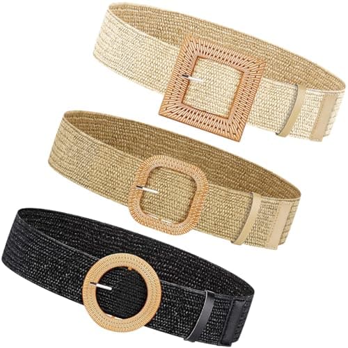 XonyiCos Handwoven Straw Belts for Women - Stretchy Braided Raffia Waist Belt for Dresses, Adjustable Boho Rattan Belt Summer Beach Accessories