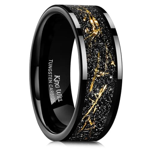 King Will 8mm Tungsten Carbide Ring for Men Black Wedding Band Sandstone Gold Foil Inlay High Polished-7