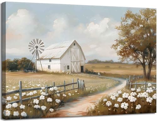 Farmhouse Barn Canvas Wall Art Rustic Farm Nature landscape Decor Pictures Retro Flower Field Meadow Barn Windmill Posters Prints for Home Decoration Bathroom Bedroom Living Room Decoration