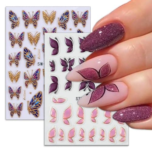 2 Sheets Butterfly Nail Art Stickers Decals 5D Embossed Self-Adhesive Gold Purple Pink Butterfly Nail Decals Glitter Butterflies Nail Stickers Spring Summer Manicure Decorations for Women