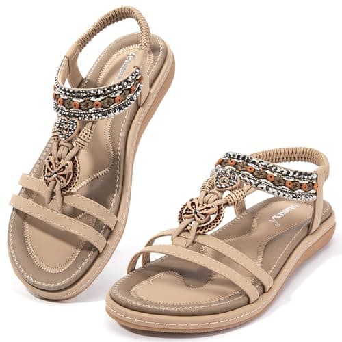 Zelaprox Women's Sandals Bohemia Beaded Summer Comfortable Slip-on Flat Sandals Open Toe Ankle Elastic Strap Beach Shoes Sandals Flops Dressy Wedge Sandals