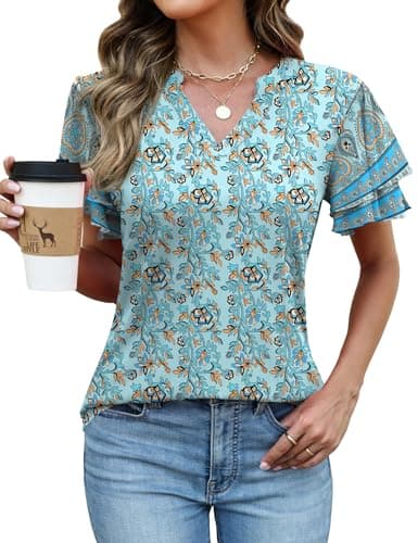 Rapbin Womens Summer Blue Floral Casual V Neck Short Sleeve Blouses Floral Print Shirt Flowy Vacation Clothes XL