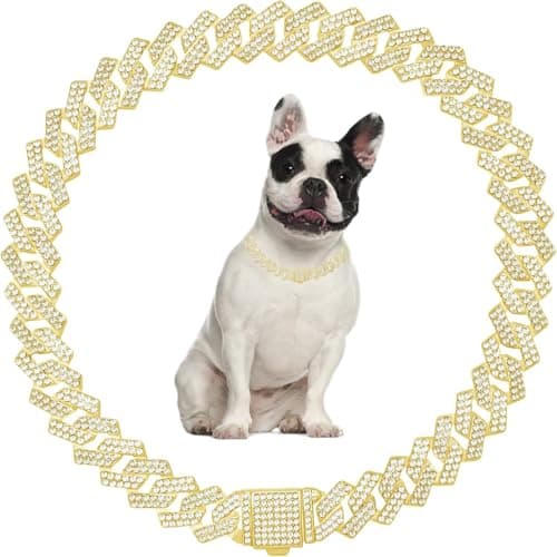 Gold Dog Chain for Large Dogs,Bling Dogs Necklace Diamond Cuban Link Dog Collar Rhinestone Cat Chain Sparkly Glitter Girls Female Kitten Puppy Necklace for Small Medium Large Pet,20 Inch