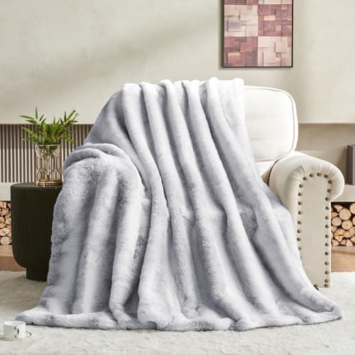 LOOMORA Luxury Faux Fur Blanket - Soft Warm Plush Blankets for Couch Sofa Bed, Fluffy Thick Throws for Bedroom, Office, Living Room, Decorative Reversible, Not Easy to shed- 50"x60", Grey/White