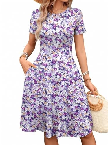 MSLG Fit and Flare Dress for Women 2026 Summer Semi Formal Short Sleeve A-Line Swing Church Wedding Guest Dresses with Pockets 162 XL Purple Floral