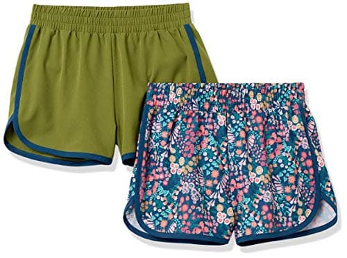 Amazon Essentials Girls' Athletic Active Running Shorts, Pack of 2, Olive Floral, Medium