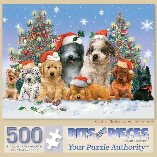 Bits and Pieces – 500 Piece Jigsaw Puzzle for Adults – Canine Christmas - Dogs, Puppies, Holiday, Winter Season Puppy Jigsaw Puzzle by Artist Giordano Studios, Completed Puzzle Size: 18" x 24"