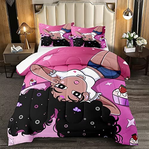 FJKJHKGJ Black Girl Comforter Set Queen Bed Bedding Cute Teenage Girl Bedding Pink African American Pattern Soft Microfiber 3 Piece Quilt Set, 1 Comforter + 2 Pillowcase