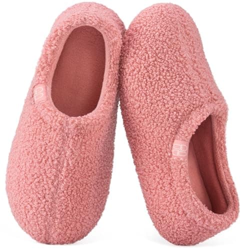 HomeTop Women's Fuzzy Curly Fur Memory Foam Loafer Slippers Bedroom House Shoes with Polar Fleece Lining (11-12, Pink)