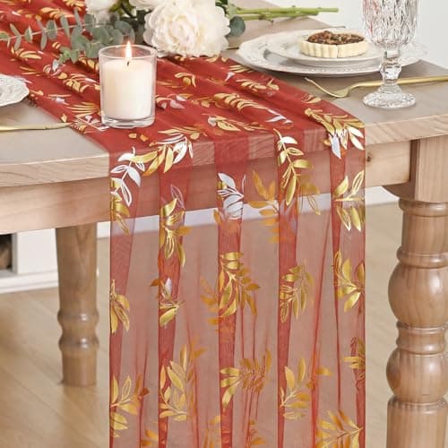 Artoid Mode Gold Leaves Red Gauze Table Runner 10FT, Glitter Metallic Foil Sheer Dining Wedding Anniversary Birthday Table Decor for Home Party