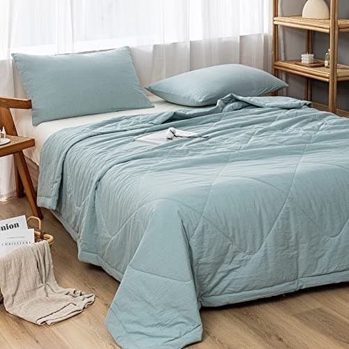 NTCOCO Summer Lightweight Comforter Set,Thin Quilt,100% Washed Cotton,Machine Washable,Soft Comfy Breathable Can Sleep Naked(Twin,Sky Blue