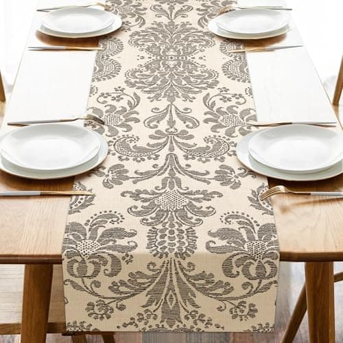 Croar Vintage Damask Pattern Dining Table Runner, Retro Luxury Floral Farmhouse Burlap Banquet Dresser Kitchen Decoration, Elegant Flower Indoor Outdoor Home Decor Party Supply 13 x 72 Inches