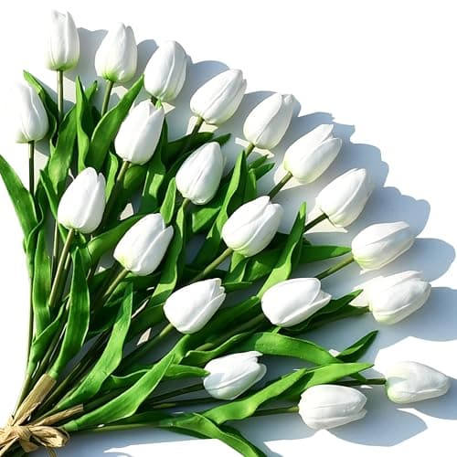 ONLY ART Artificial White Tulips 20 Pcs – 13.5 Inch PU Faux Flowers with Bendable Stems for Home Décor, Wedding Centerpieces, DIY Floral Arrangements, New Year and Valentine's Day