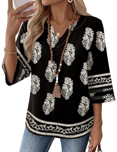 LOMON Bohemian Tops for Women 3/4 Sleeve Tops Lace Shirts for Women Black V Neck T Shirts Work Clothes 2026 Black