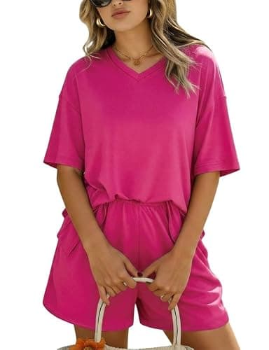 Marvmys Womens Oversized Pajamas V Neck Pajama Sets Short Sleeve Lounge Sets Sleepwear Casual Two Piece Pjs Rose Pink M