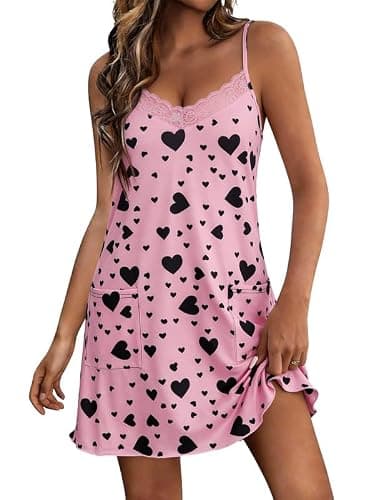Marvmys Womens Lace Nightgowns Sexy Spaghetti Strap Sleeveless Chemise Soft Cami Sleepwear Sleep Dress Pink Heart S