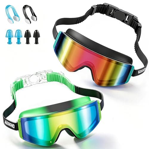 Aegend Kids Swim Goggles 2 Pack – Large Frame Anti Fog Soft Silicone Leak Proof UV Protection for Boys Girls Age 3-15 (Black/Emerald Green+Black-Iridescent Gold Plated)