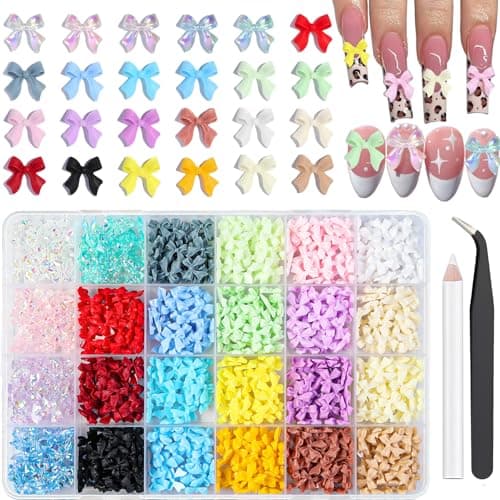 720 Pieces Bow Nail Charms 24 Color Multicolor 3D Bows for Nails Includes 5 Colors Transparent Bow Charms for Nails with Pickup Tool Cute Colorful Nail Bows for Manicure DIY Nail Decoration