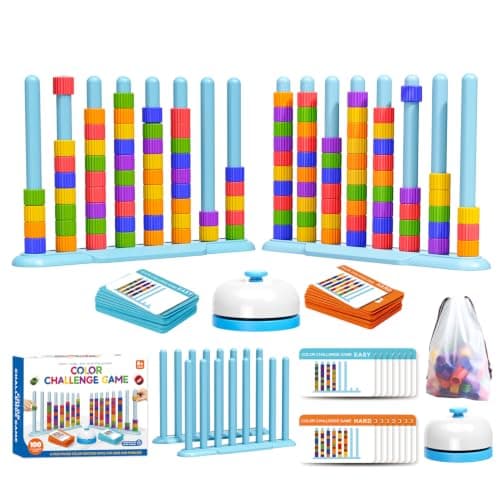 Color Challenge Game – 2 Pack Color Matching Puzzle Game for Family Game Night and Party, Board Game for Kids 6-8-12, Adults, Stacking Game with 2 Stack Racks, 100 Cards, 120 Rings, Bell, Storage Bag