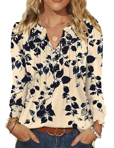 LOMON Long Sleeve Shirts for Women Womens Blouses Dressy Casual V Neck Womens Work Tops Tunic Tops Teacher Outfits for Women Apricot Black Leaf S