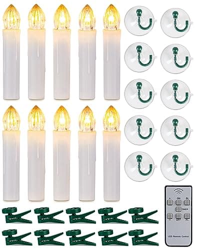 Homemory 10 Pcs Clip On Candles for Christmas Tree with Remote and Timer, Flickering LED Window Candle with Clips/Suction Cups, Warm White Light, Dia 0.7''x H 4''