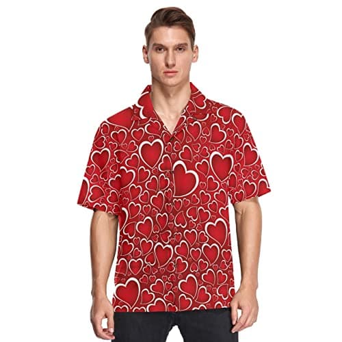 Fisyme Hearts Hawaiian Shirt for Men Loose-Fit Short Sleeve Button Down Beach Casual Aloha Boys Shirts, M