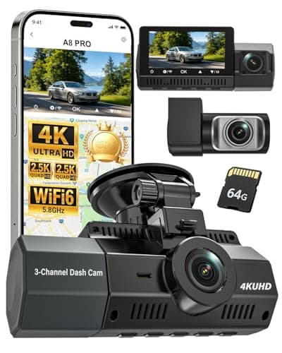 Eivikga 4K+2.5K+2.5K Dash Cam, STARVIS 2 Dash Camera 3-Channel, Free 64GB Card, Dashcam with 5G WiFi GPS, G-Sensor,Loop Recording, HDR, 24H Parking Monitor, Car Dash Cam for Rideshare & Taxi
