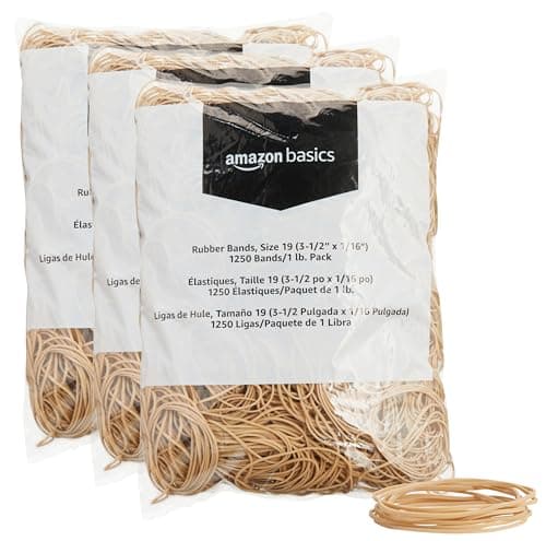 Amazon Basics Rubber Bands, Office Supplies, Size 19 (3-1/2 x 1/16 Inch), Stretchy, 1250 Bands/1 lb. Pack, 3-Pack, Tan