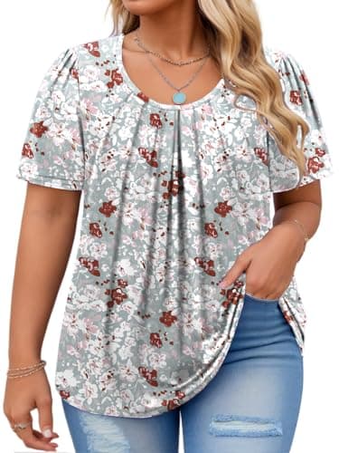 Plus Size Tops for Women Summer Crew Neck Casual Short Sleeve Flowy Pleated Chic Shirts Floral YH001 XL