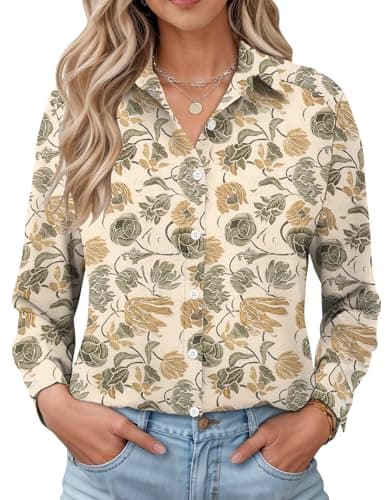 LOMON Business Casual Autumn Tops Boyfriend Style Blouses Oversized Tshirts for Women Apricot Green Flowers S