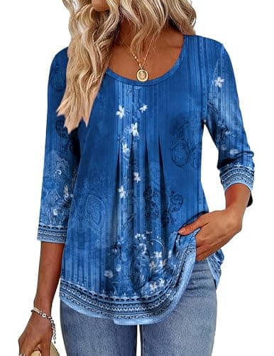 Zeagoo Womens Tops Boho Floral Summer Outfits Crew Neck 3/4 Length Sleeves Shirt Work Casual Blouses