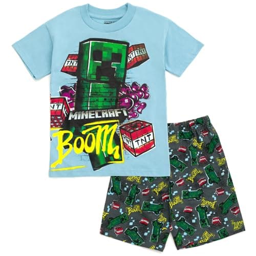 Minecraft Creeper Little Boys T-Shirt and French Terry Shorts Outfit Set Graffiti Blue 7-8
