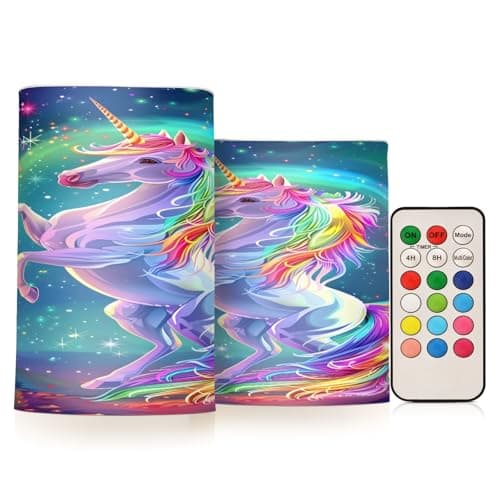 ALAZA Rainbow Unicorn Flameless Candles, LED Pillar Candles with Remote Timer, Battery Operated Candles Set of 2