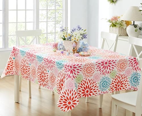 Newbridge Color Burst Celebration Vinyl Tablecloth, 60 x 84 Inch Rectangle – Flannel Backed Geometric Table Cover for Dining, Picnics, and Entertaining, Turquoise Pink Green Coral