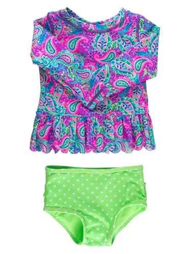 RuffleButts Baby/Toddler Girls Scalloped Long Sleeve Rash Guard 2-Piece UPF50+ Sun Protected Swimsuit - Neon Paisley Pop, 5